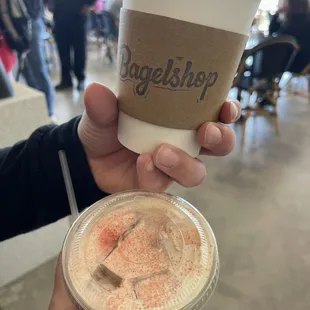 Hot and cold seasonal Valentine chocolate strawberry lattes- so good!