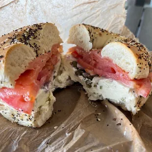 Lox bagel with jalapeño spread