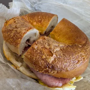 Cheddar bagel with pork roll and egg