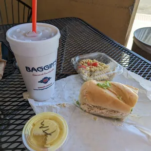 Wholesome Half special: half tuna sandwich, honey mustard, pasta salad, and my favorite Baggin's spiced iced tea