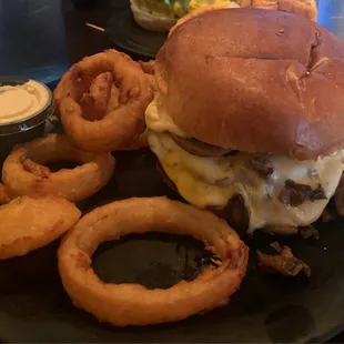 Chipotle Mushroom Burger with onion rings