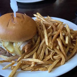 Mushroom Swiss Burger and fries