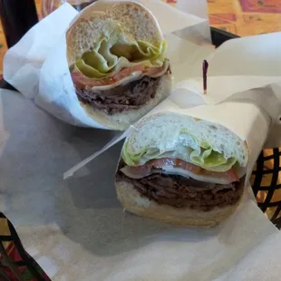 Portabello and steak on a baguette. $6 for this? Too much bread. Not much meat. Good tasting tho.