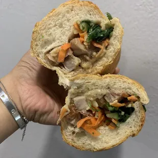 Roasted pork aka Banh Mi Heo Quay. Crispy pork skin, flavorful meat just missing a hint of sweetness from the heo quay sauce.