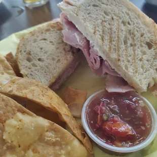 Ham and cheese with side of chips and salsa