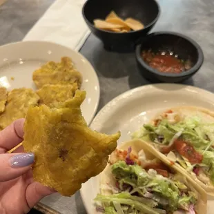 Tostones, fish tacos, and free chips and salsa!