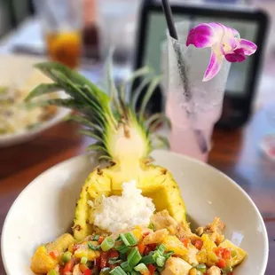 Jerk chicken pineapple bowl with mystic margarita