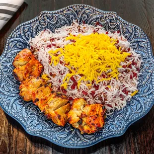 Zereshk polo with chicken kabob