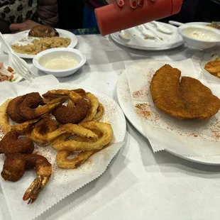 Fried seafood platter (chips on the side) - you got calamari, shrimp and tilapia (I think) with chips.