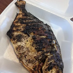 grilled fish in a styrofoam container