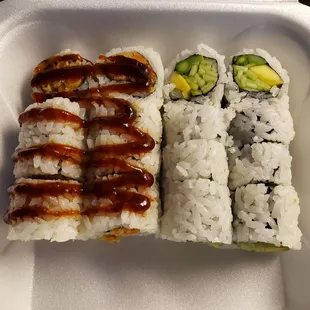 Sweet potato roll and cucumber, asparagus and mango
