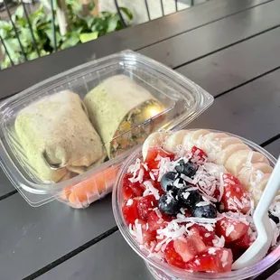 Southwest wrap with grilled chicken and the Açaí bowl