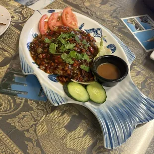 Three flavored fish on a fish plate. Nice touch.