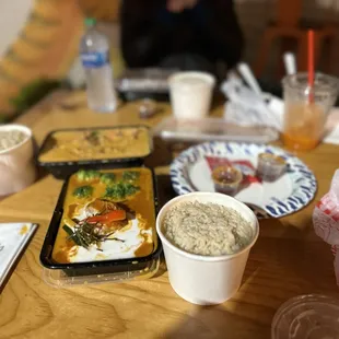 a variety of food items on a table