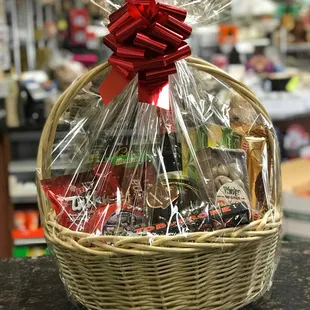 a wicker basket filled with snacks