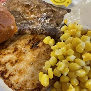 Grilled Pork Chops, Mashed Potato&apos;s and gravy, Corn