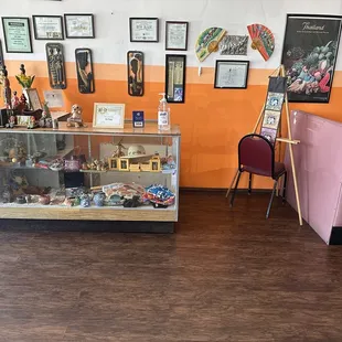 a display case with various items in it