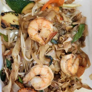 Pad Khee Mao with  prawns $22.50. Happy Sunday dinner 7/28/24