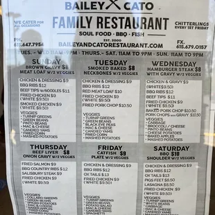 a menu for a family restaurant