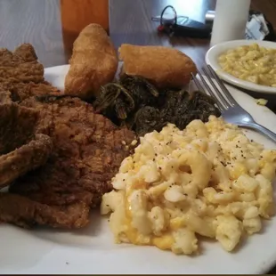 Pork Chop, fried Corn, Greens, corn bread