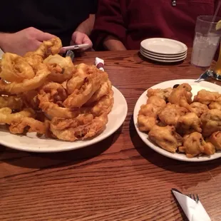 Onion rings and mushrooms! They were hand breaded in beer batter :)