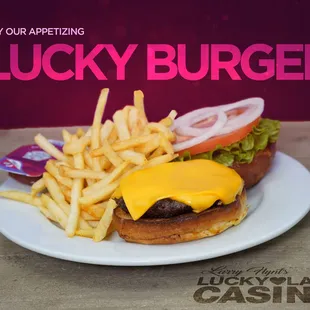 Juicy patty with melted cheese, fresh toppings, and your choice of crispy onion rings or golden fries.