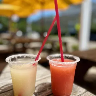 Margaritas....red one is Vodka and Pink Lemonade with sugar rim.