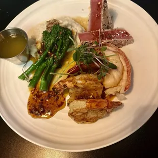 Perfect dinner seared tuna, shrimp and lobster. Sides brocolineni, and mashed cauliflower.
