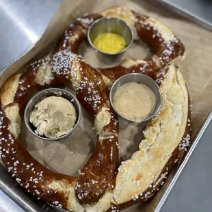 BHB Pretzel with whipped maple butter, homemade Bicentenni-Ale Beer Cheese and mustard