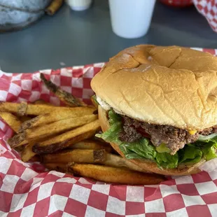 Cheese burger and handcut fries.