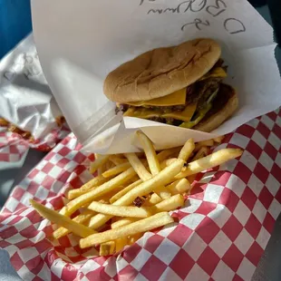 Double back cheeseburger with shoestring-cut fries
