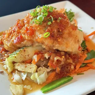 Dive into deliciousness! Crispy Grouper with glass noodles underneath @ Baitong Thai &amp; Sushi Restaurant-St. Augustine. #EatLocal