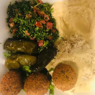 Veggie Combo - falafel, tabbouli salad, hummus, baba ghanouj and grape leaves.