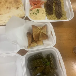 Iraqi Kabab, meat pie Spinach and Cheese Pie, and Vegetarian Grape Leaves