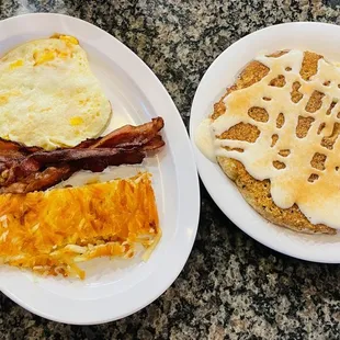 Egg &amp; Snickerdoodle Pancake Combo (Eggs Over Hard, Crispy Bacon and Hash Browns).