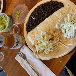 Beer batter tacos, black beans, guac and beer!