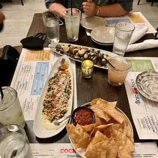 a table full of food and drinks