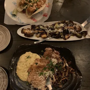 Pollo loco, crispy fish tacos, crispy brussel sprouts