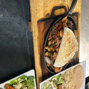 Fajitas Cielo, Mar y Tierra plate includes rice beans salad tortillas of choice, Super delicious highly recommend trying. :)