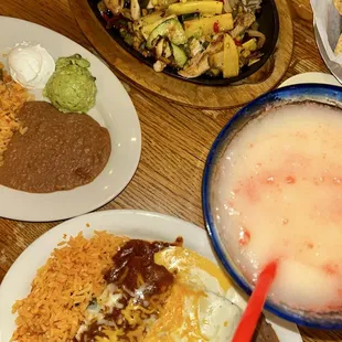 Chicken Fajitas, trio enchiladas, frozen margarita (strawberry)