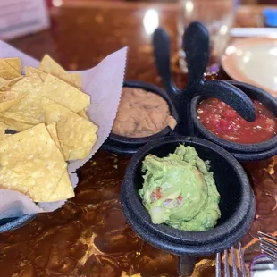Chips, refried beans, salsa &amp; guacamole