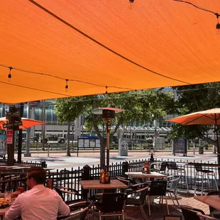 people sitting at tables under umbrellas