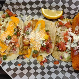 Fish Taco Sampler (left to right)... Grilled Salmon, Grilled Mahi, Fried Cod