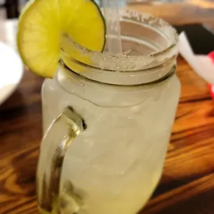 a drink in a mason jar