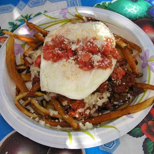 Our &quot;Baja Style&apos; Papas Ranchero Breakfast!  Homemade fresh cut French fried potatoes topped w  all the trimmings!