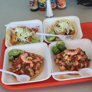 Delicious tacos and ceviche tostada