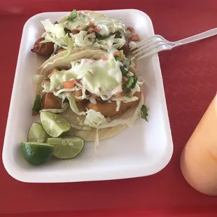 One fish and one shrimp tacos