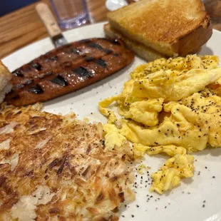Cafe breakfast (soft scrambled 2 Eggs, With Polish Sausage and Sourdough toast)