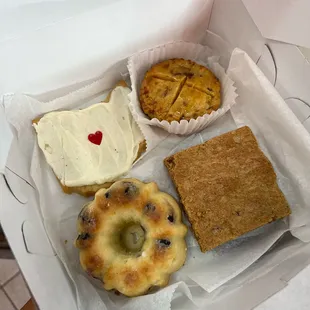 Cream Cheese Cutout, Lemon Blueberry Bundt, Hot Honey Scone, Salted Butterscotch Blondie