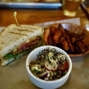 Vegan TLT Sweet Potato fries and quinoa salad